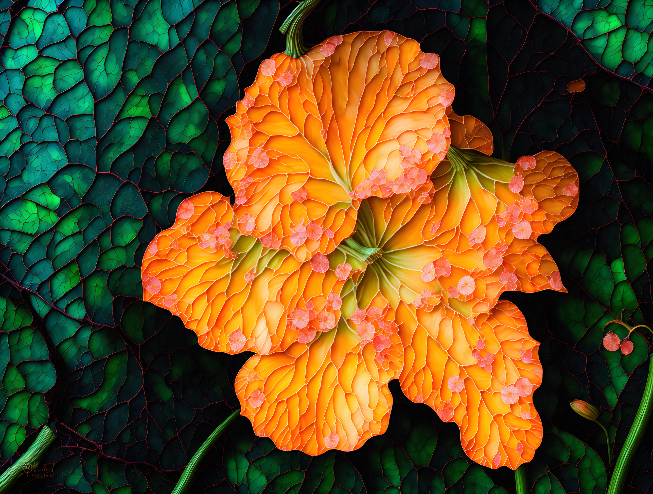 Close-up Botanical Composition: Vibrant Orange Flowers and Dark Green Leaves