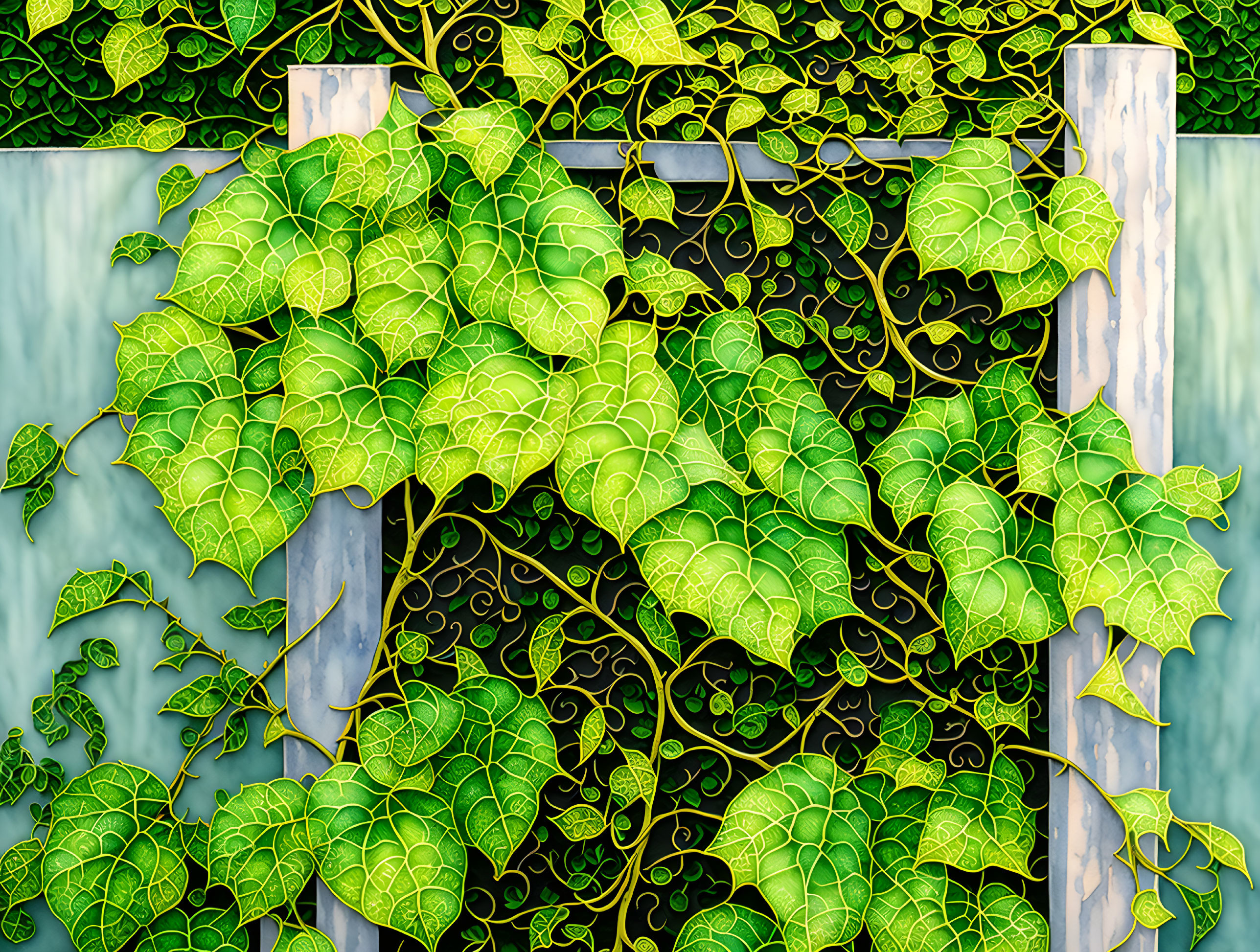 Green ivy leaves interweave on metal lattice in serene setting