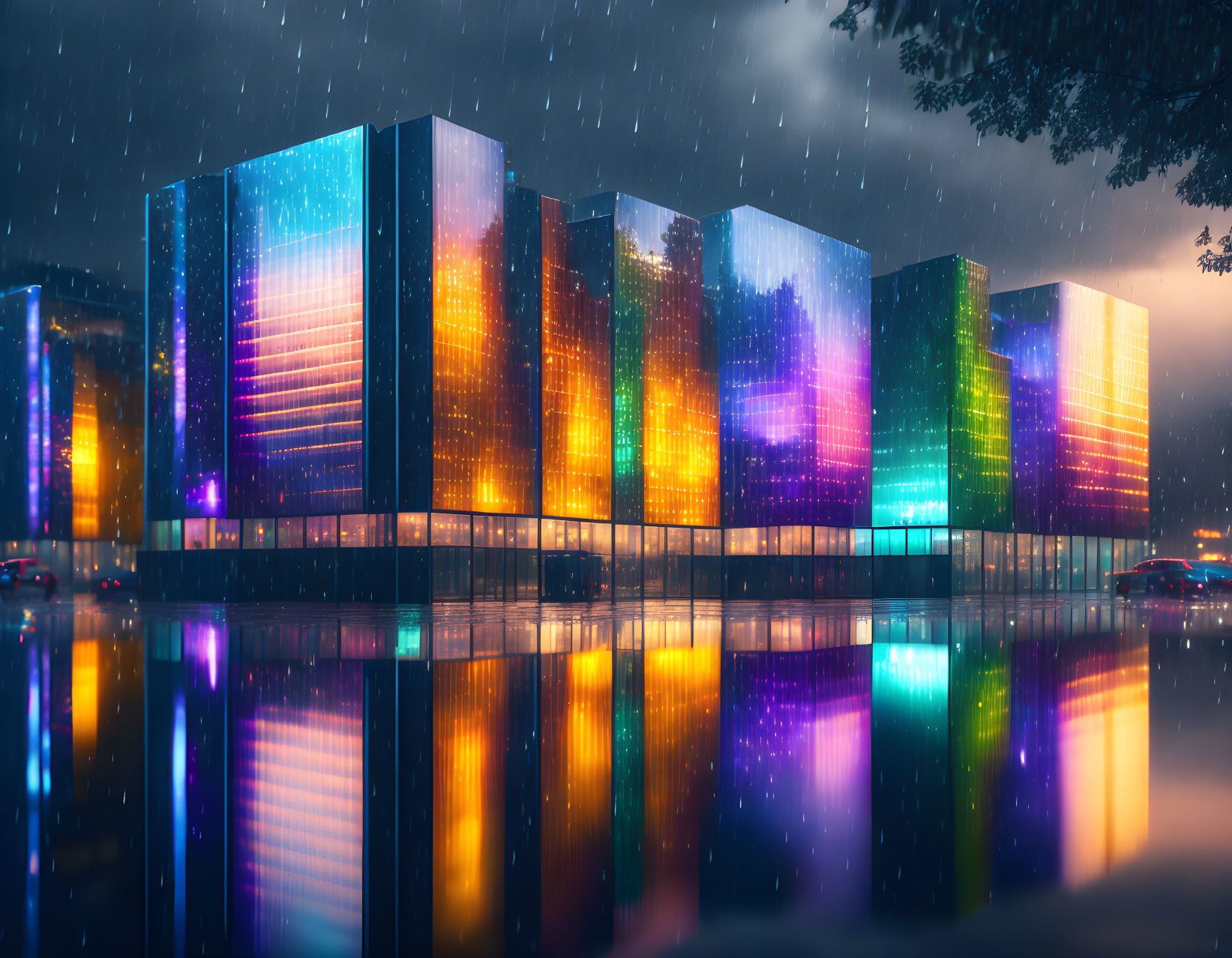 Colorful facades of illuminated buildings reflected on wet surface in night rain