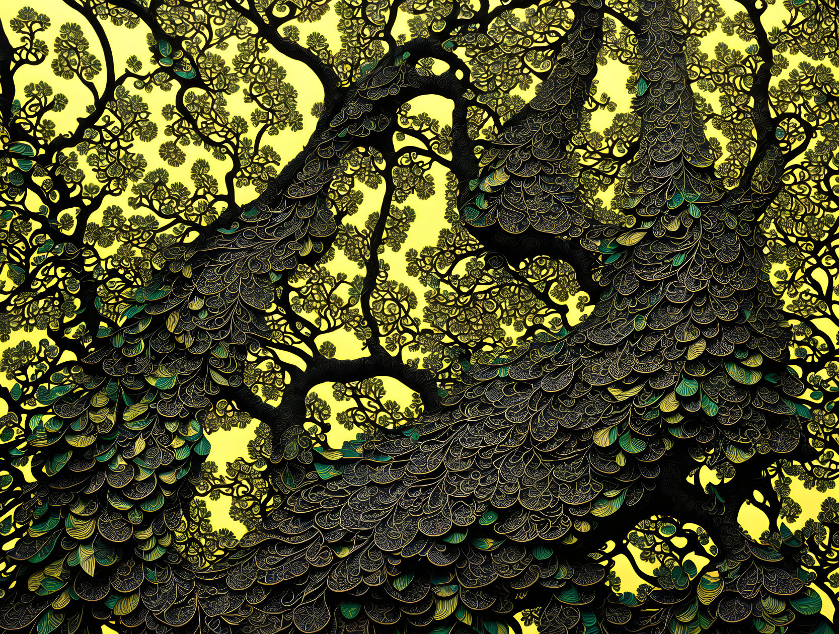 Detailed Tree Branches and Leaves on Golden-Yellow Background