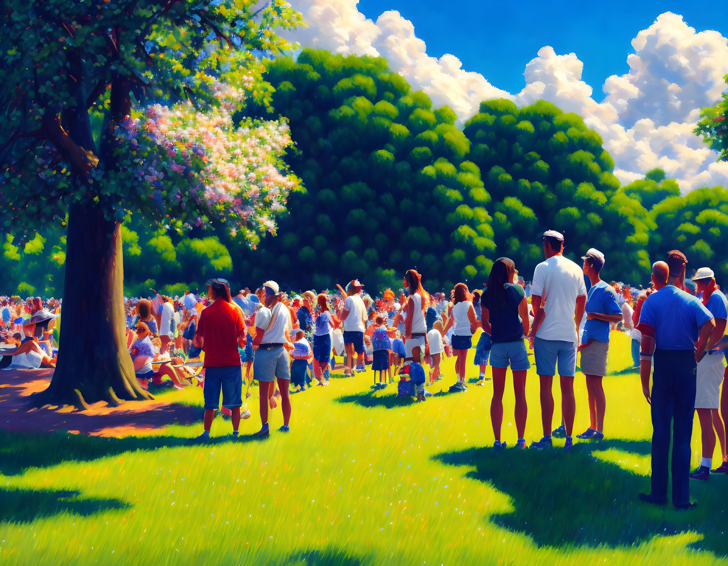 Sunny park scene with people in casual attire under green trees