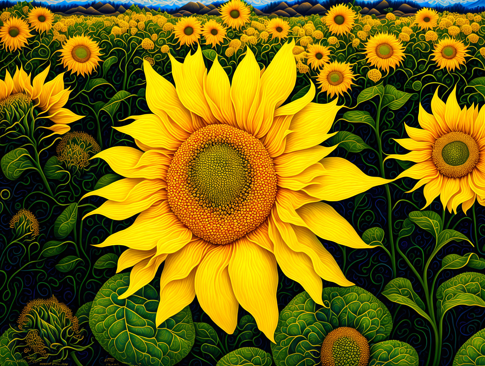 Field of Vibrant Sunflowers Against Dark Background