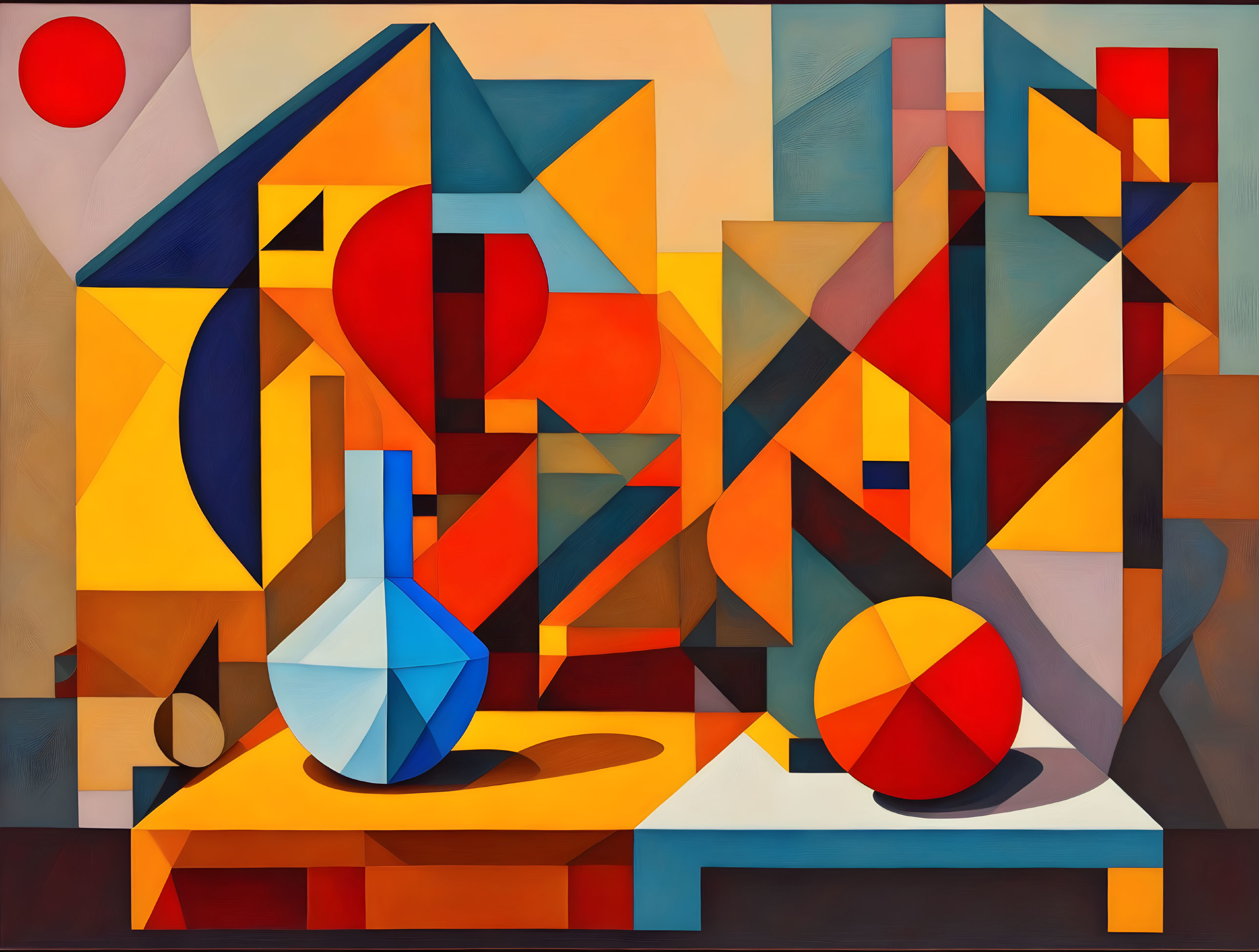 Vibrant geometric painting: triangles, circles, rectangles in a cubist-style still life.