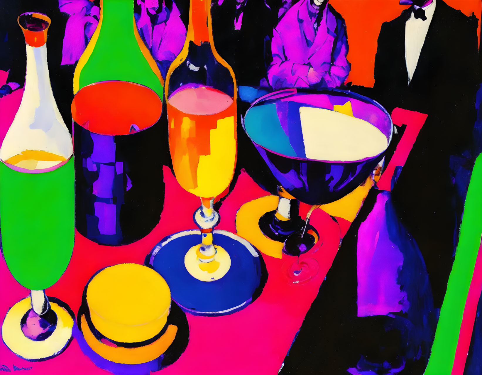 Colorful Pop Art Painting with Glassware and Figures in Formal Attire