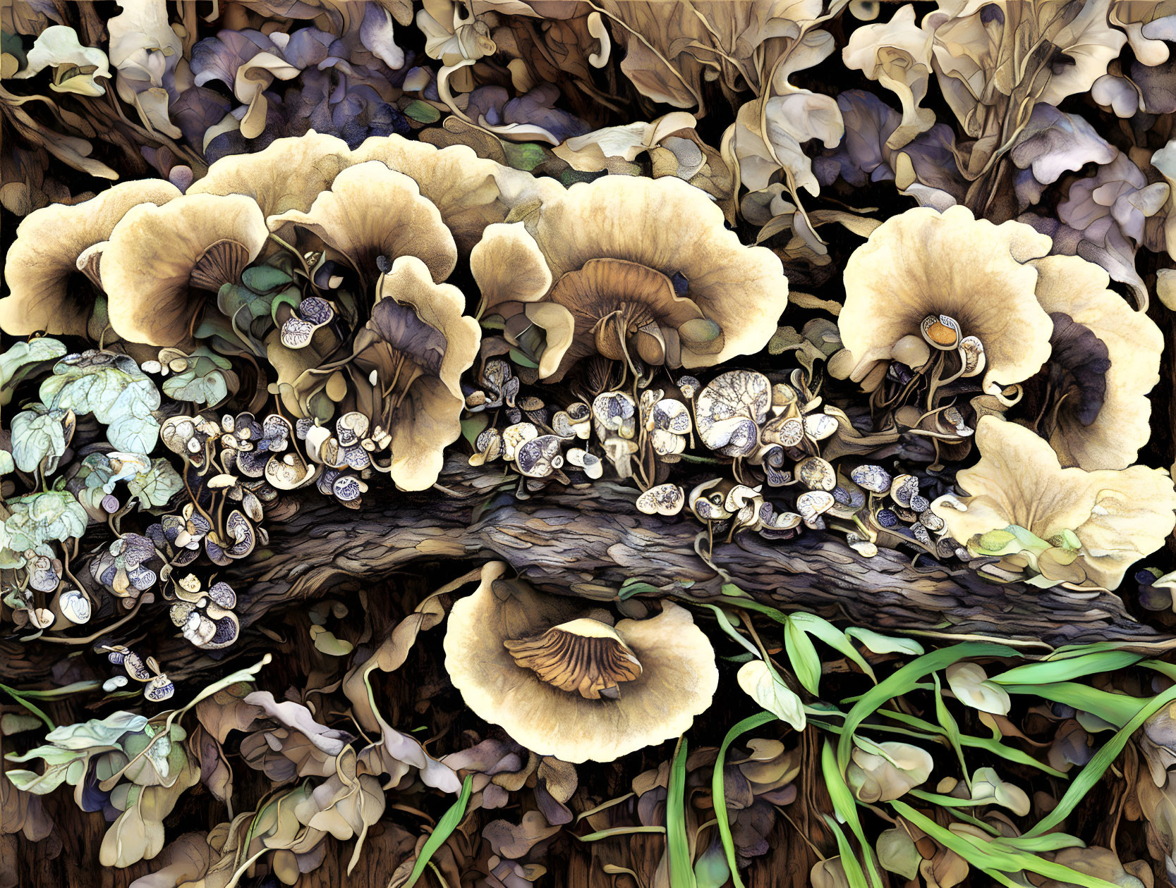 Detailed Mushroom and Foliage Artwork in Brown and Green Tones