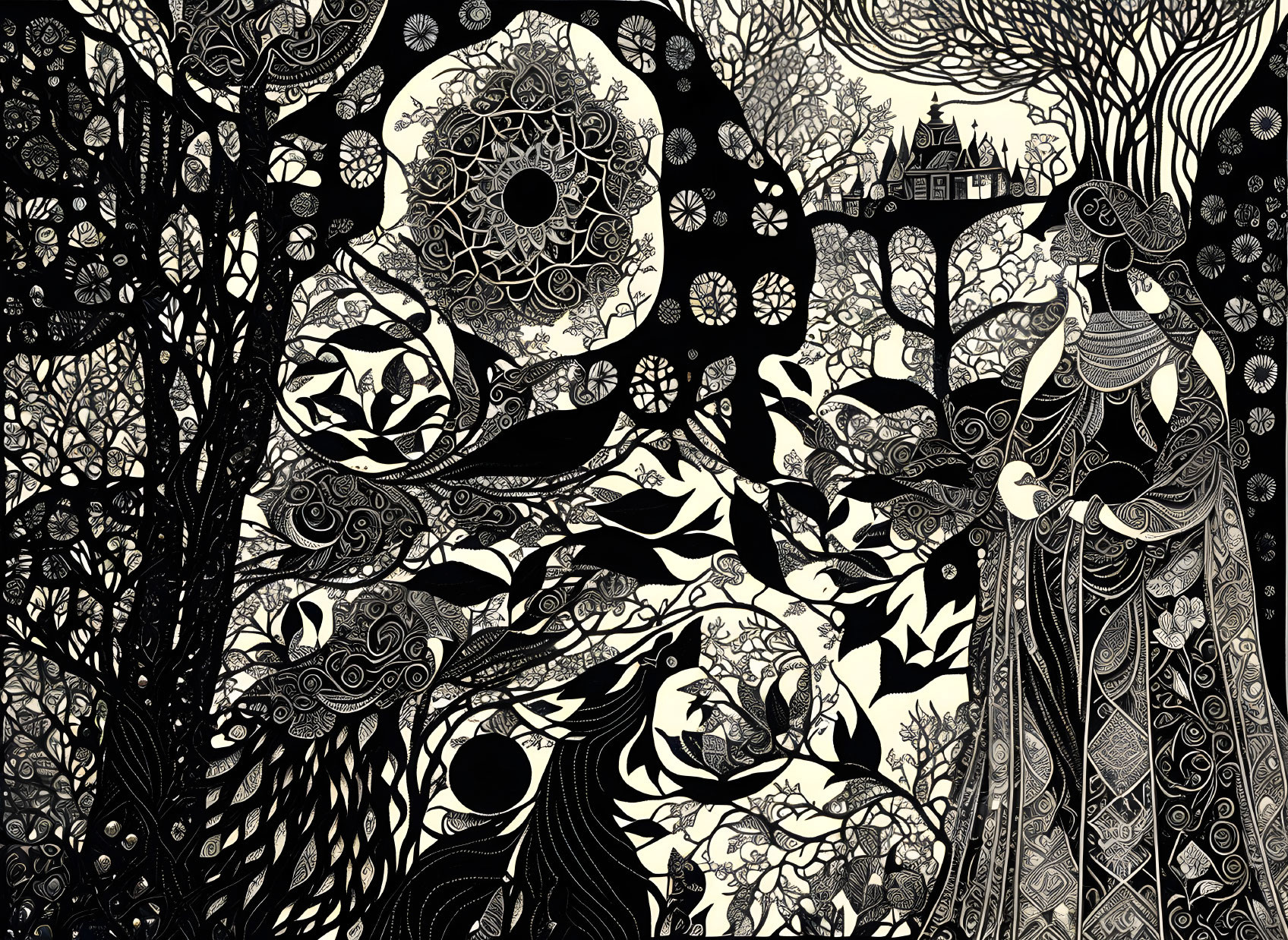 Detailed black and white forest illustration with birds, trees, woman, mandala, and house.