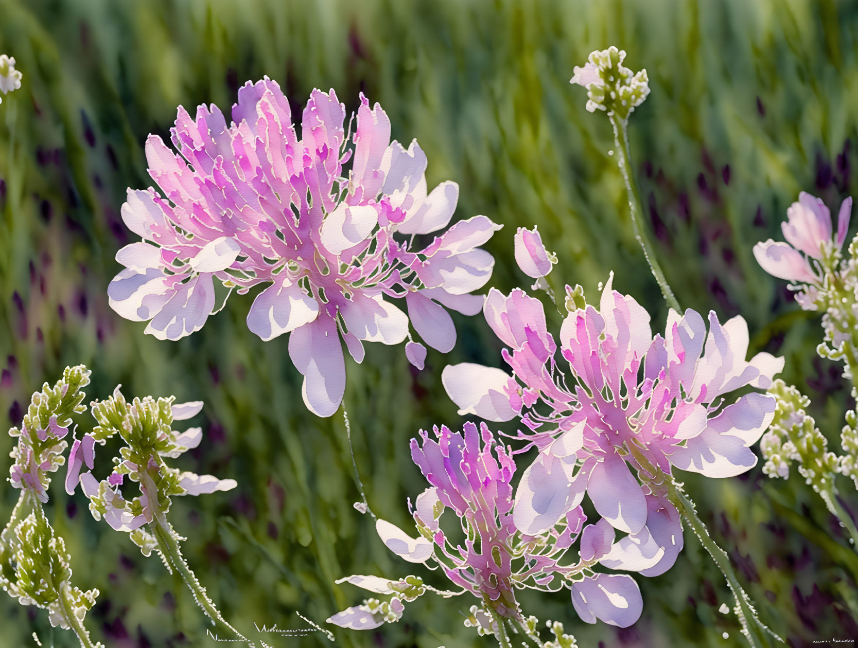 Pink and White Wildflowers with Dewdrops on Soft Green Background