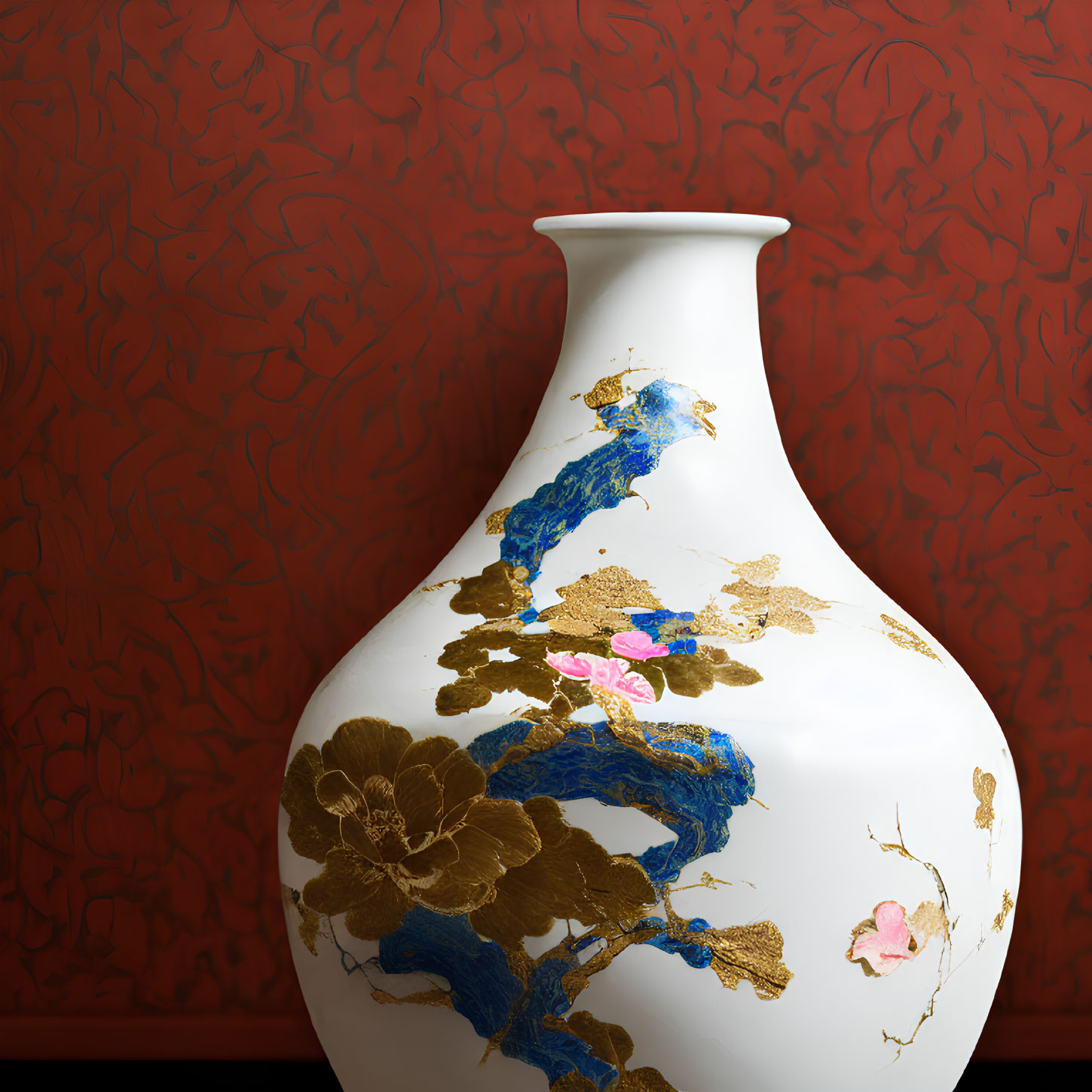 White Vase with Gold and Blue Floral Patterns on Red Textured Wall