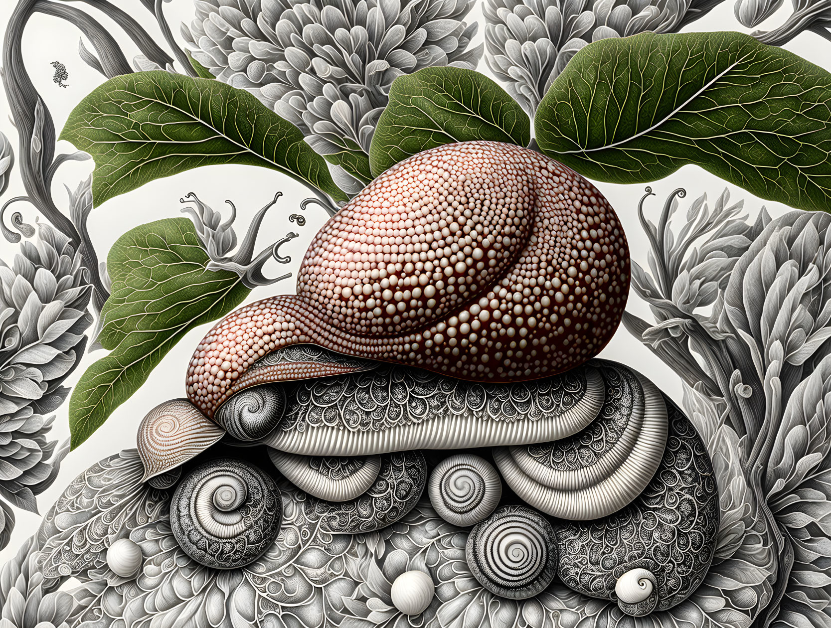 Detailed Snail Shell Illustration Among Lush Flora