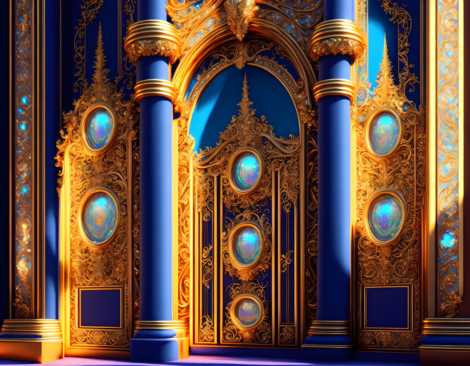 Luxurious Room with Golden Decorations and Blue Columns