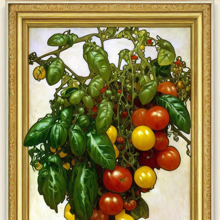 Realistic painting of lush tomato plant with ripe red and yellow tomatoes and green basil leaves in ornate