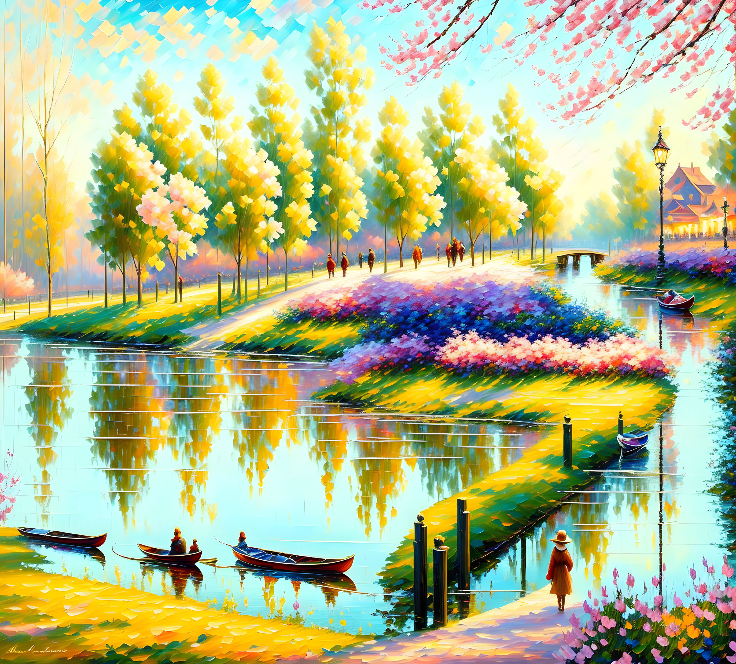 Colorful park scene with people, lake, trees, and sunset sky