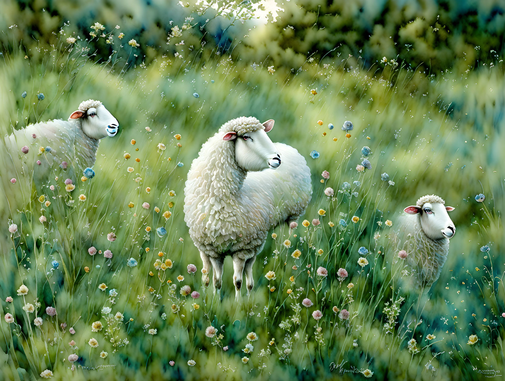 Sheep in tall grass with colorful flowers and sunlight filtering through.