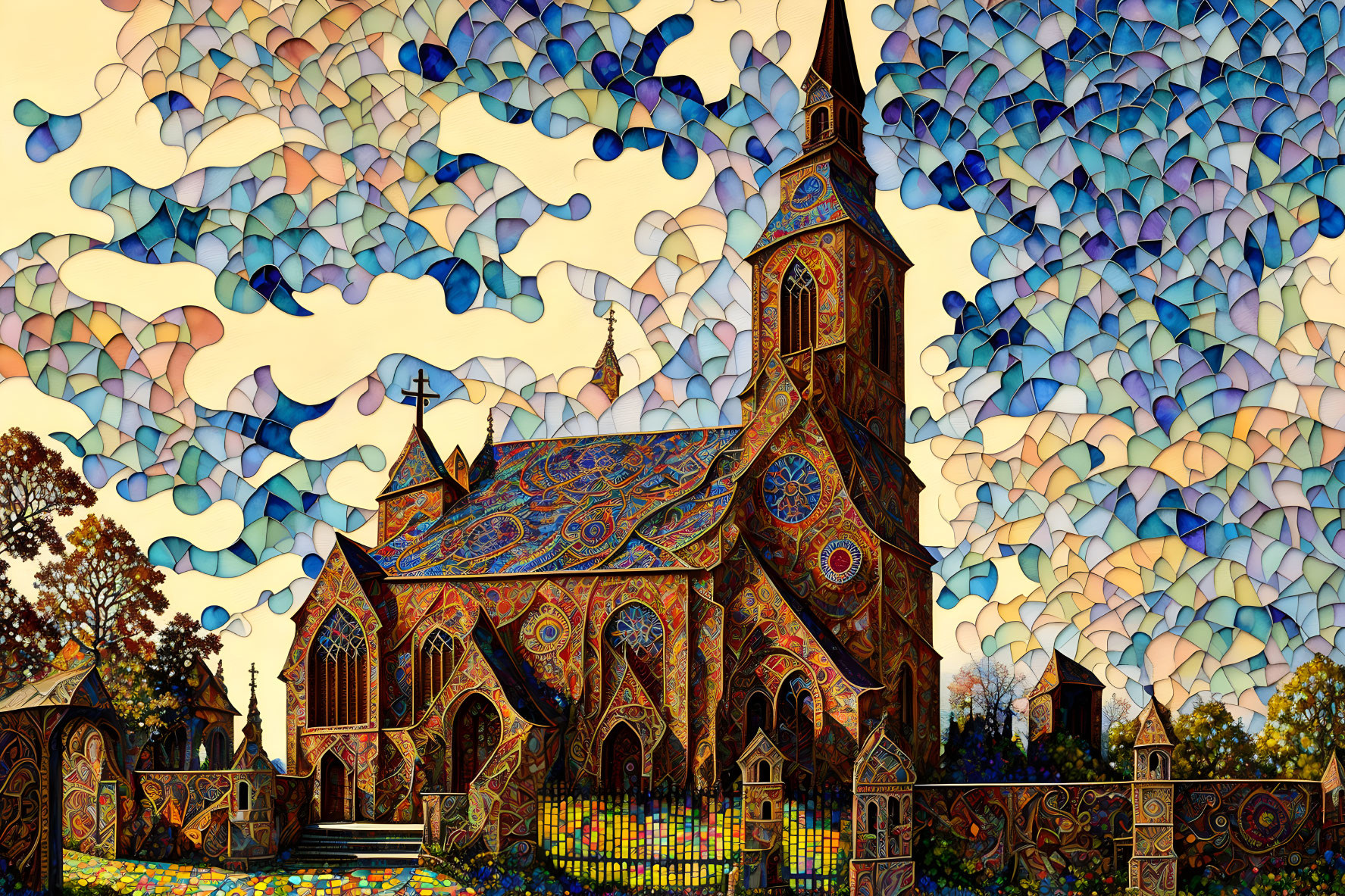 Intricately patterned church with stained glass design under colorful, abstract sky.