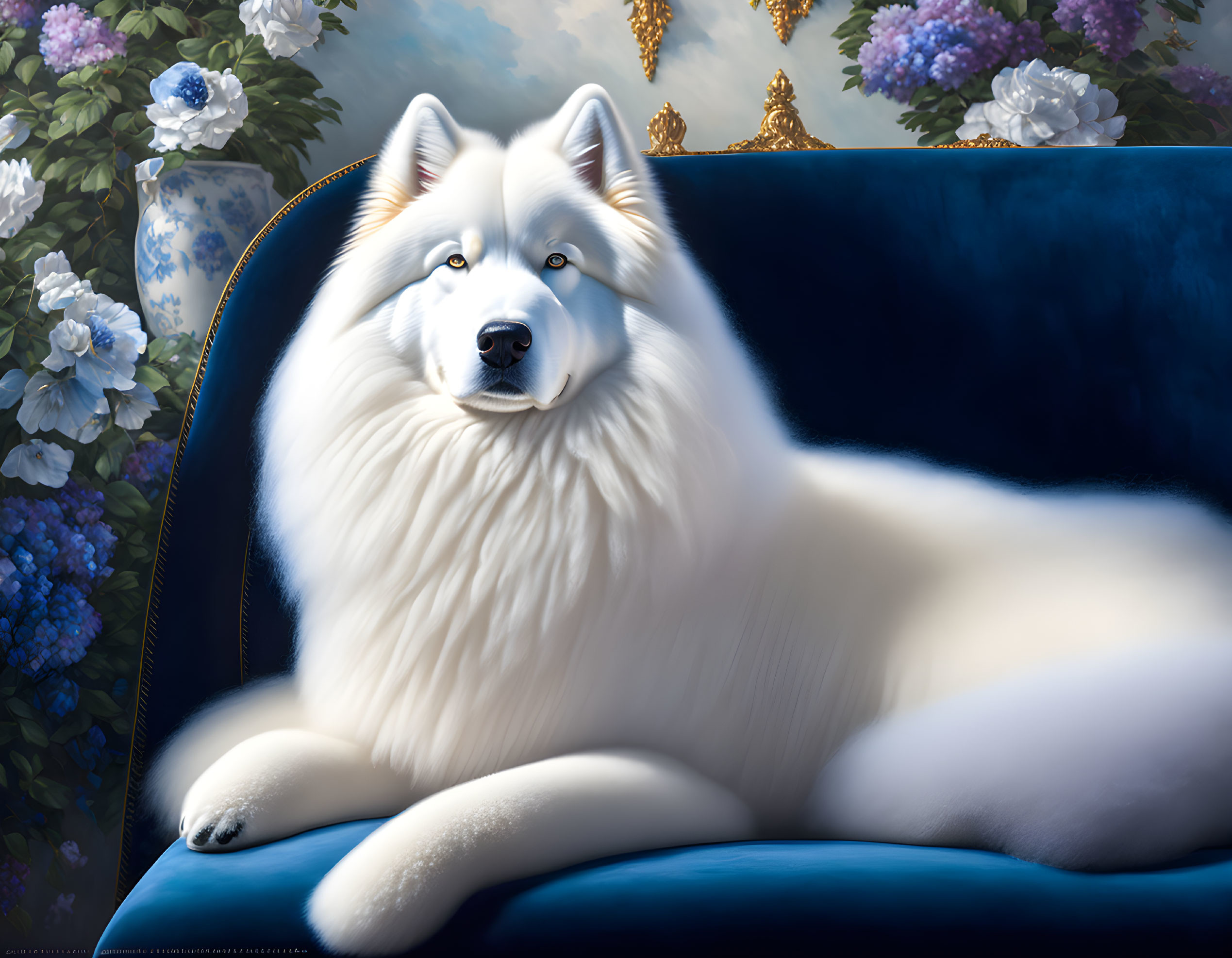 Fluffy white dog with blue eyes on velvet sofa amidst blue and purple flowers