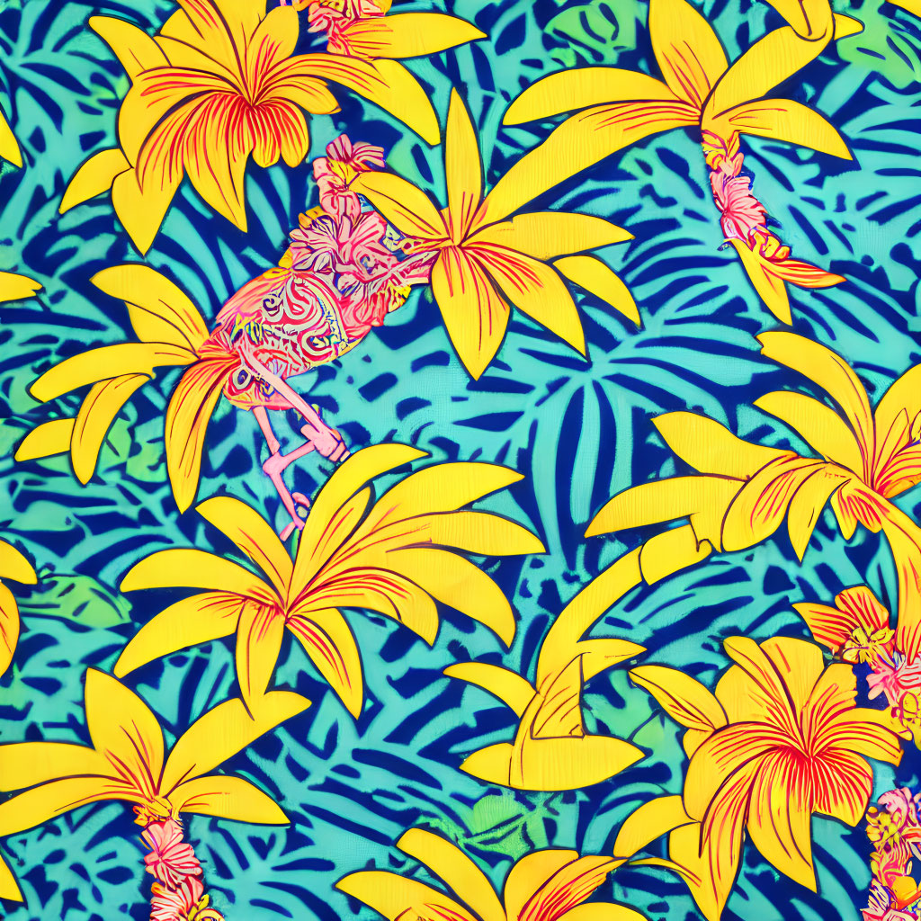 Colorful Tropical Pattern with Yellow Flowers, Pink Seahorses, and Leaf Designs