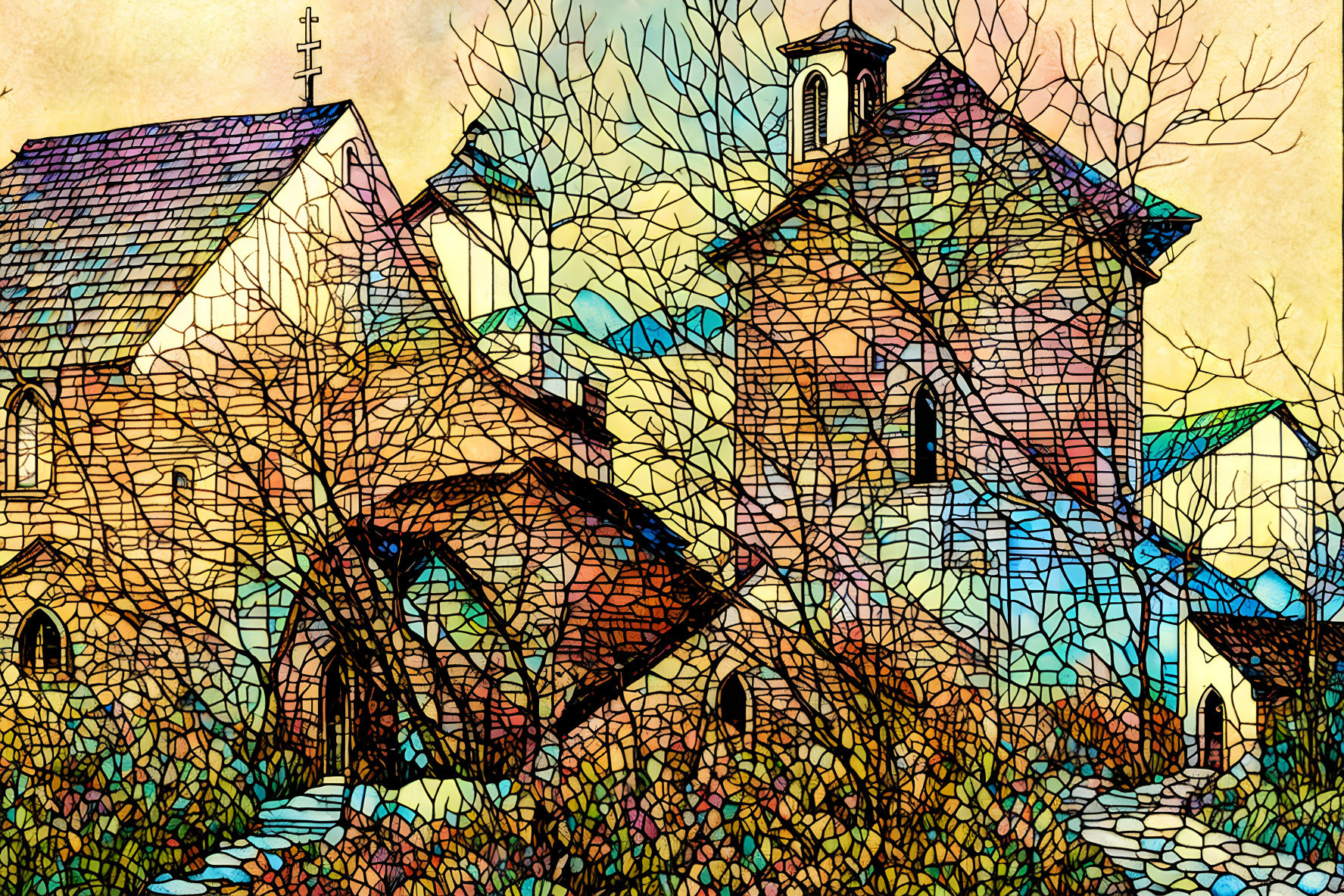 Vibrant stained glass-style village illustration with houses, church, and nature.