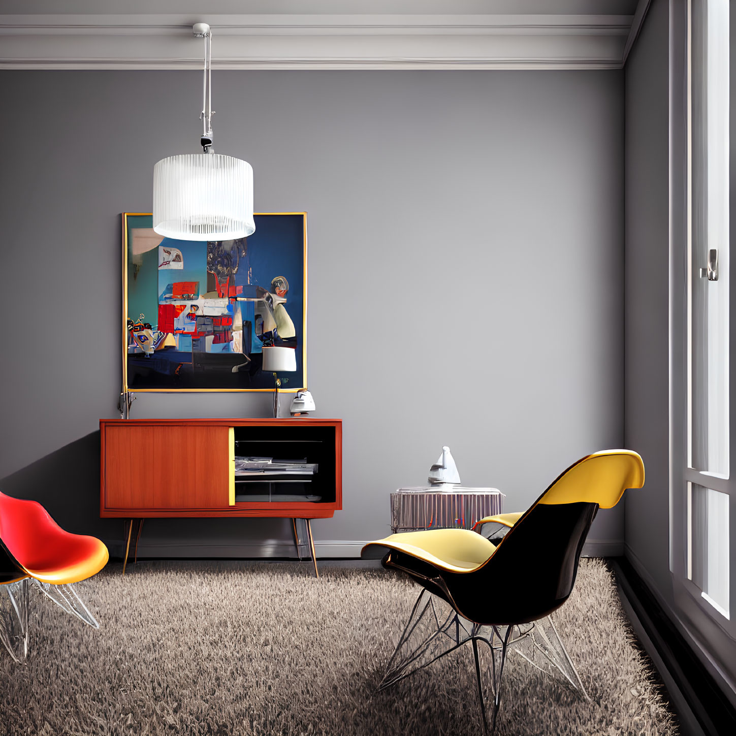 Mid-Century Modern Living Room with Orange and Red Lounge Chair