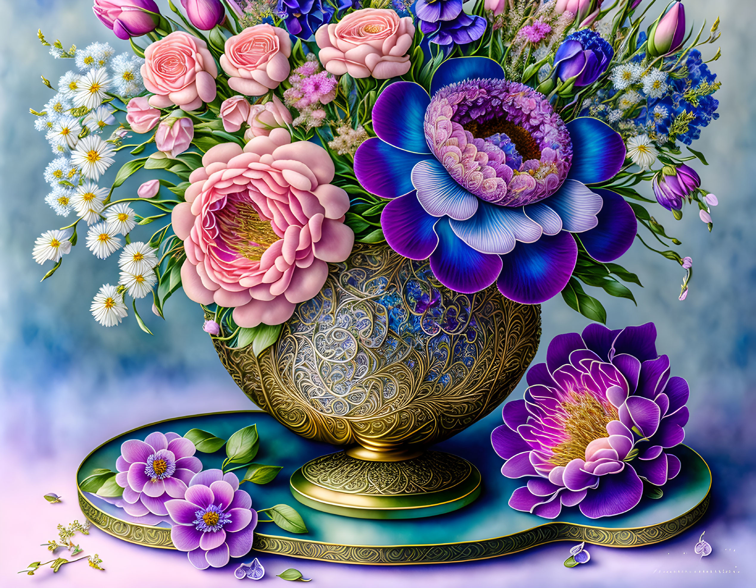 Colorful Flower Bouquet in Golden Vase on Blue Background