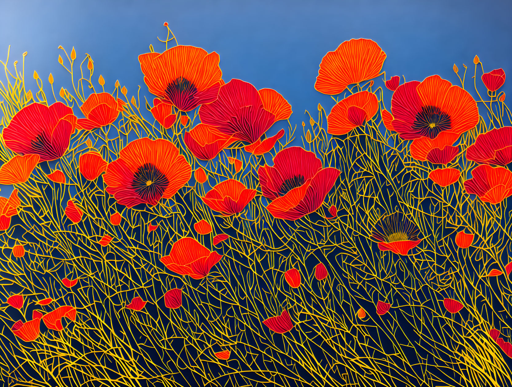 Colorful red poppies on blue background: vibrant floral artwork.