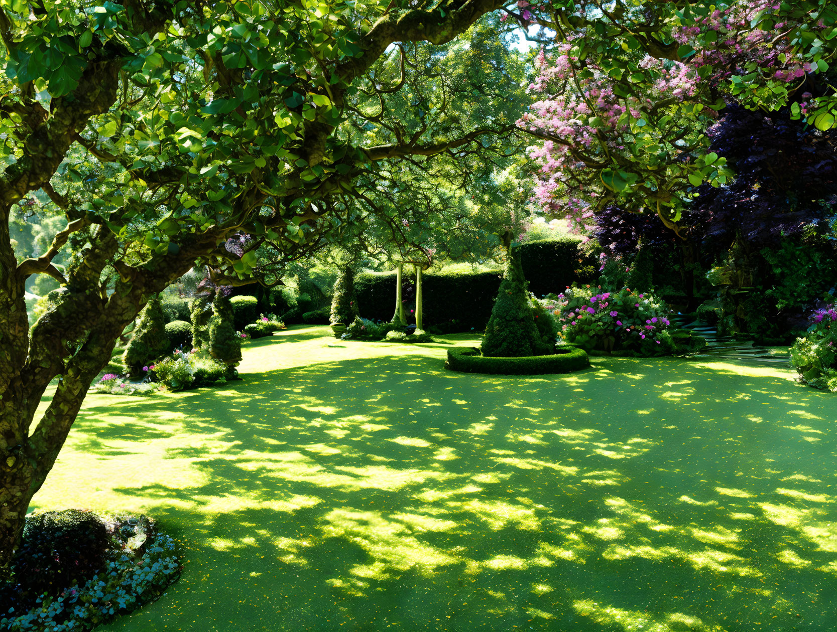 Manicured hedges, vibrant flowers in lush green garden