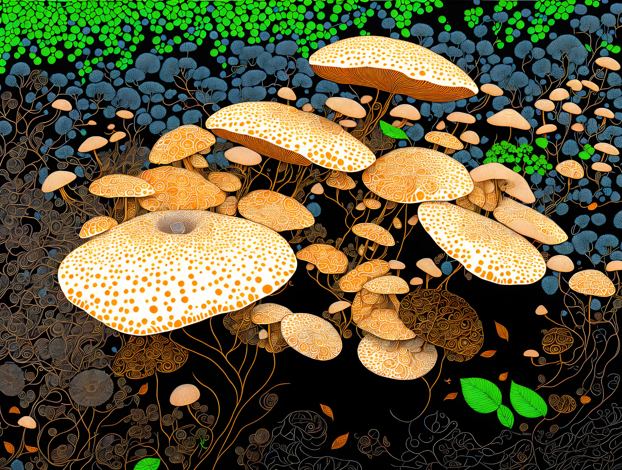 Colorful digital artwork: Stylized mushrooms with intricate patterns on dark backdrop.