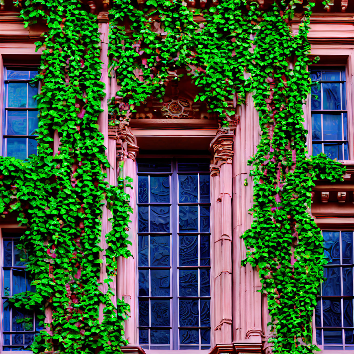 Ornate pink facade of ivy-clad building with tall windows