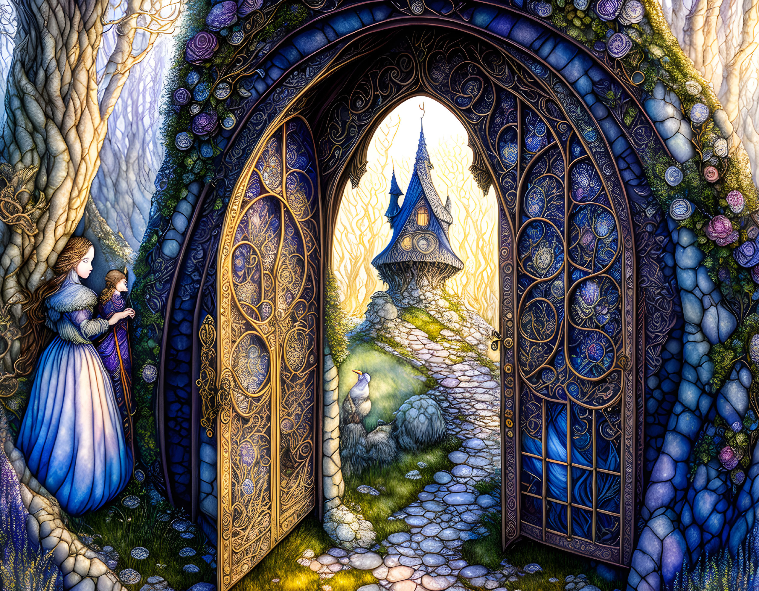 Fantasy scene: Woman at ornate gate to fairy-tale tower