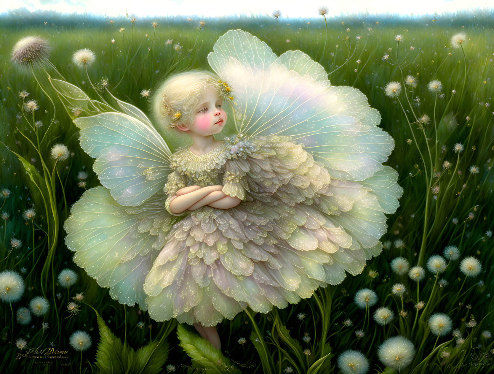 Young fairy surrounded by dandelions in magical glow