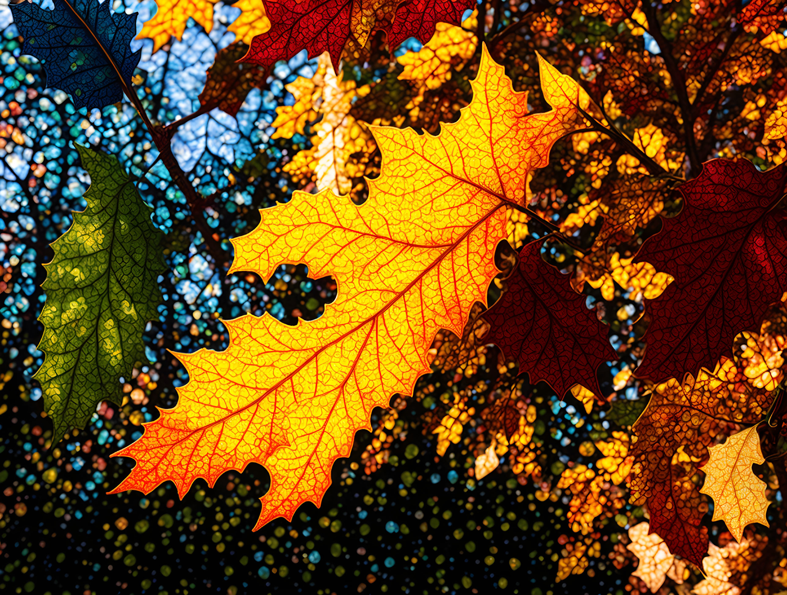 Colorful Autumn Leaves Against Dark Bokeh Background