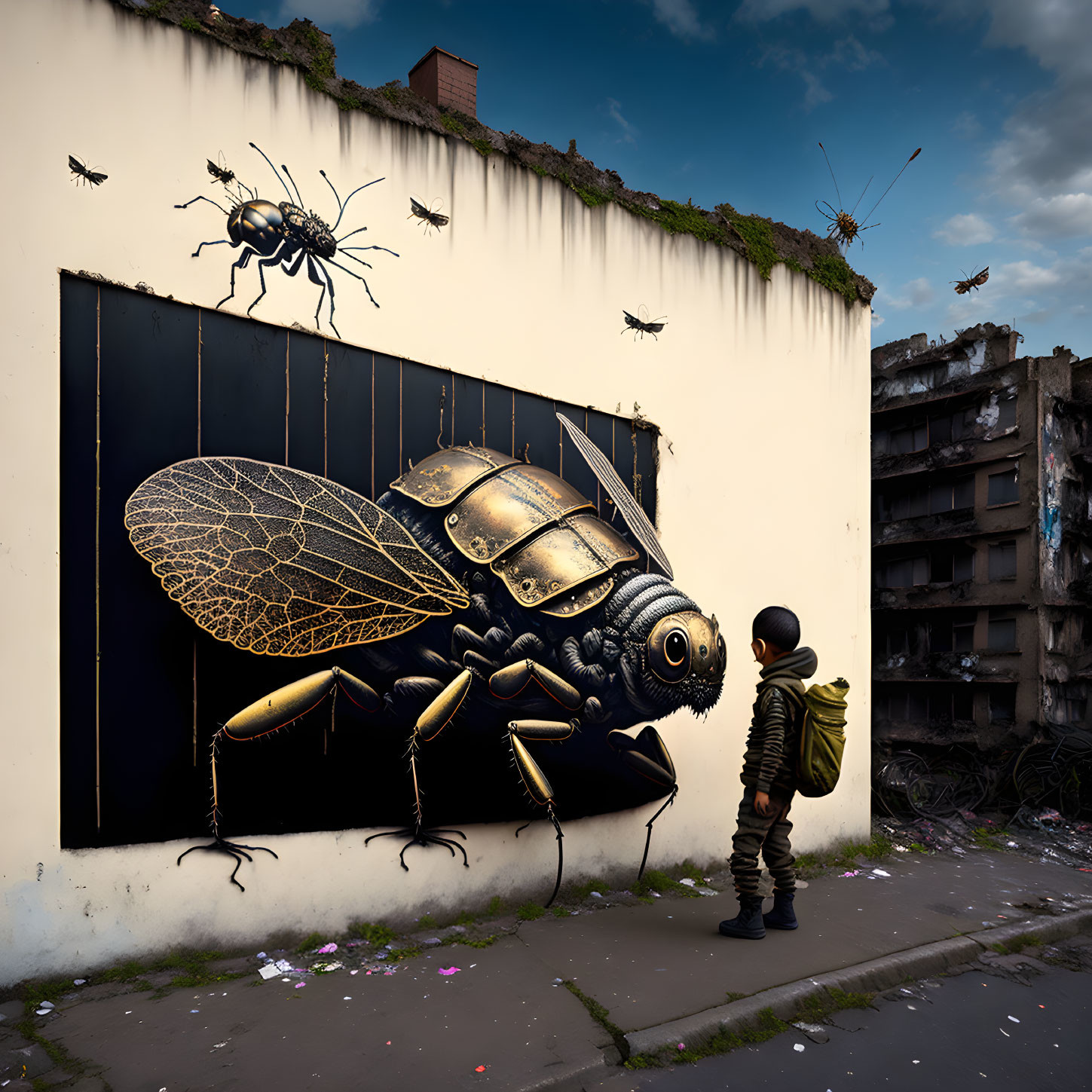 Hooded figure in front of oversized insect mural on urban wall