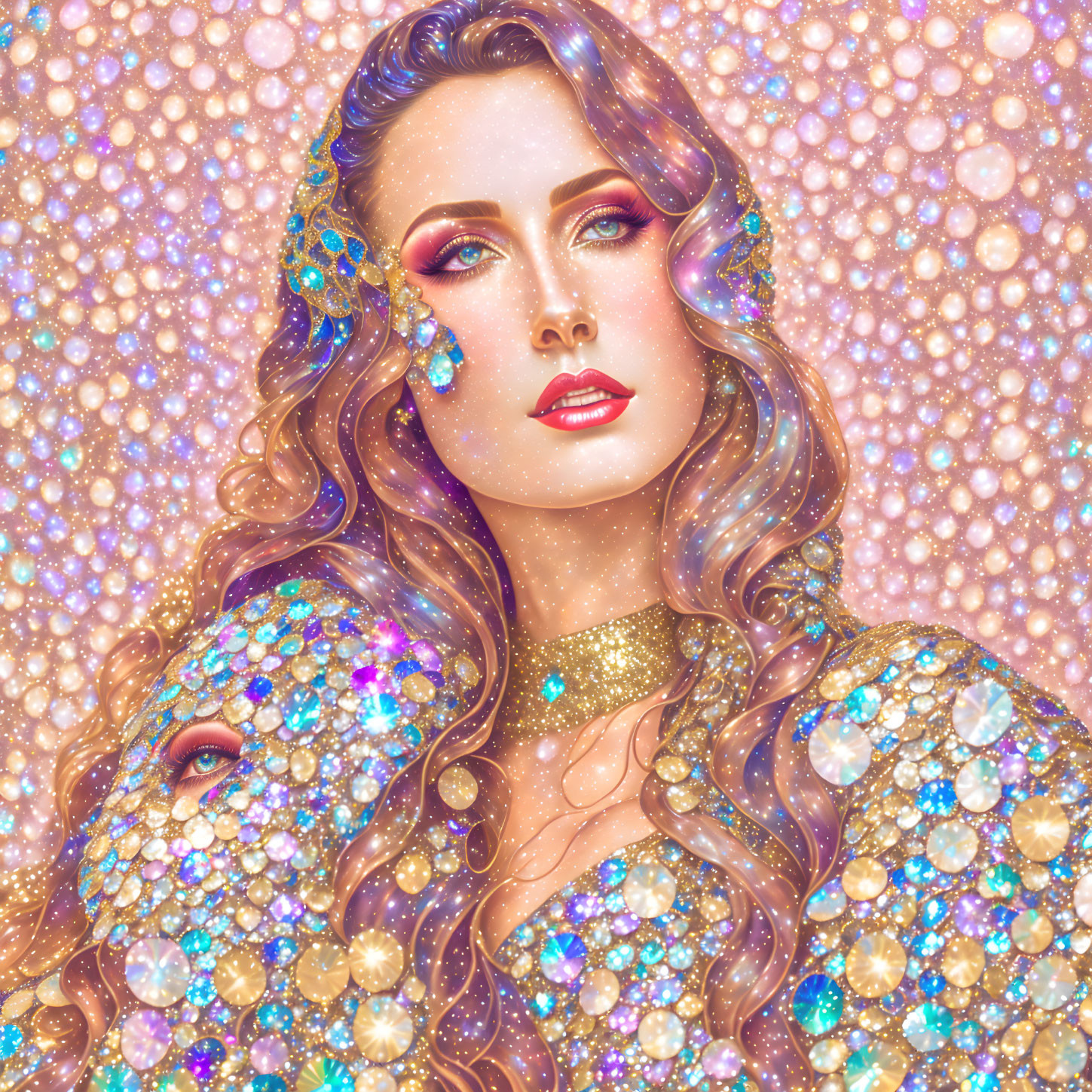 Illustrated woman adorned with gemstones on body and hair against glittery bokeh background.