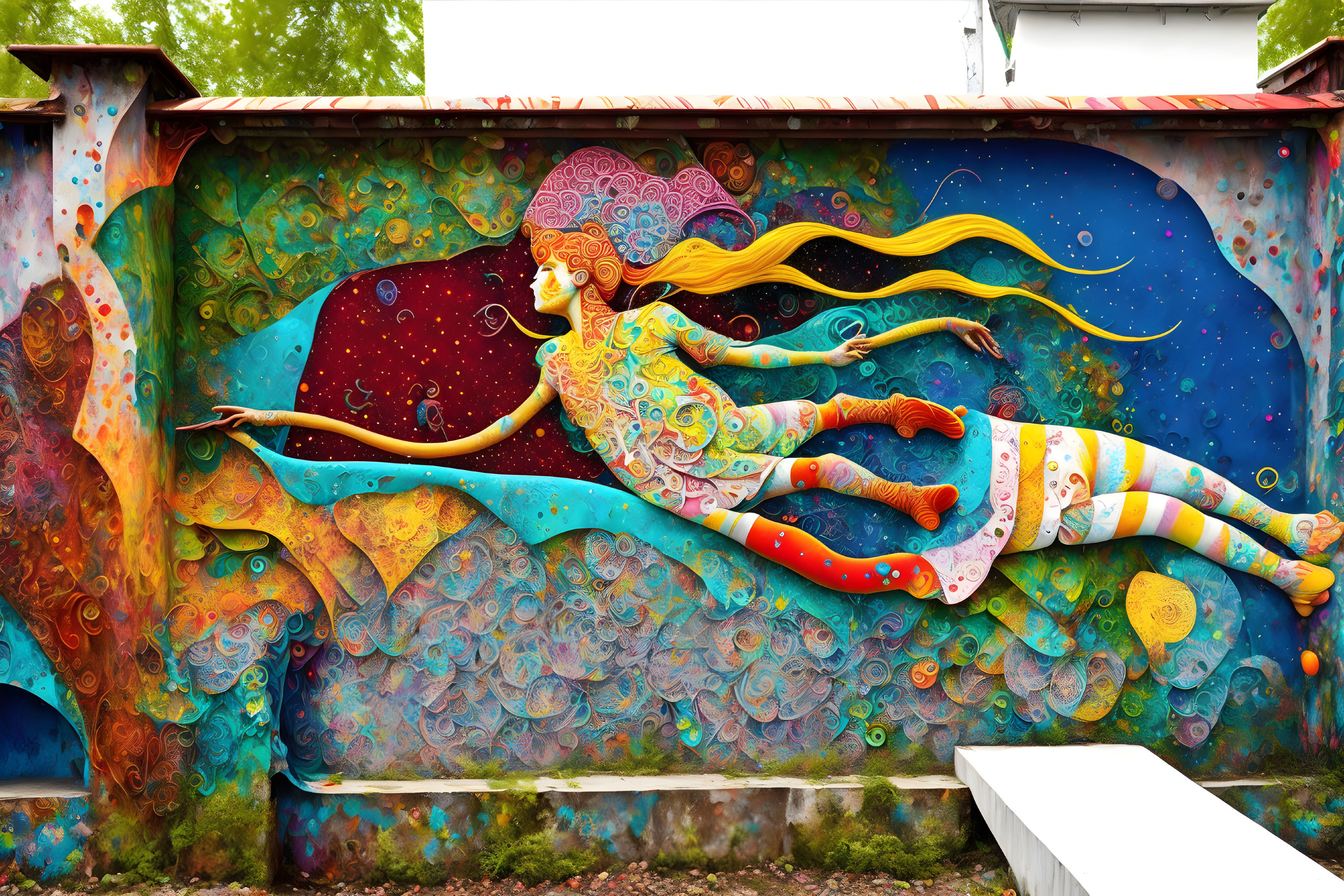 Colorful street art mural with whimsical female figure and celestial motifs.