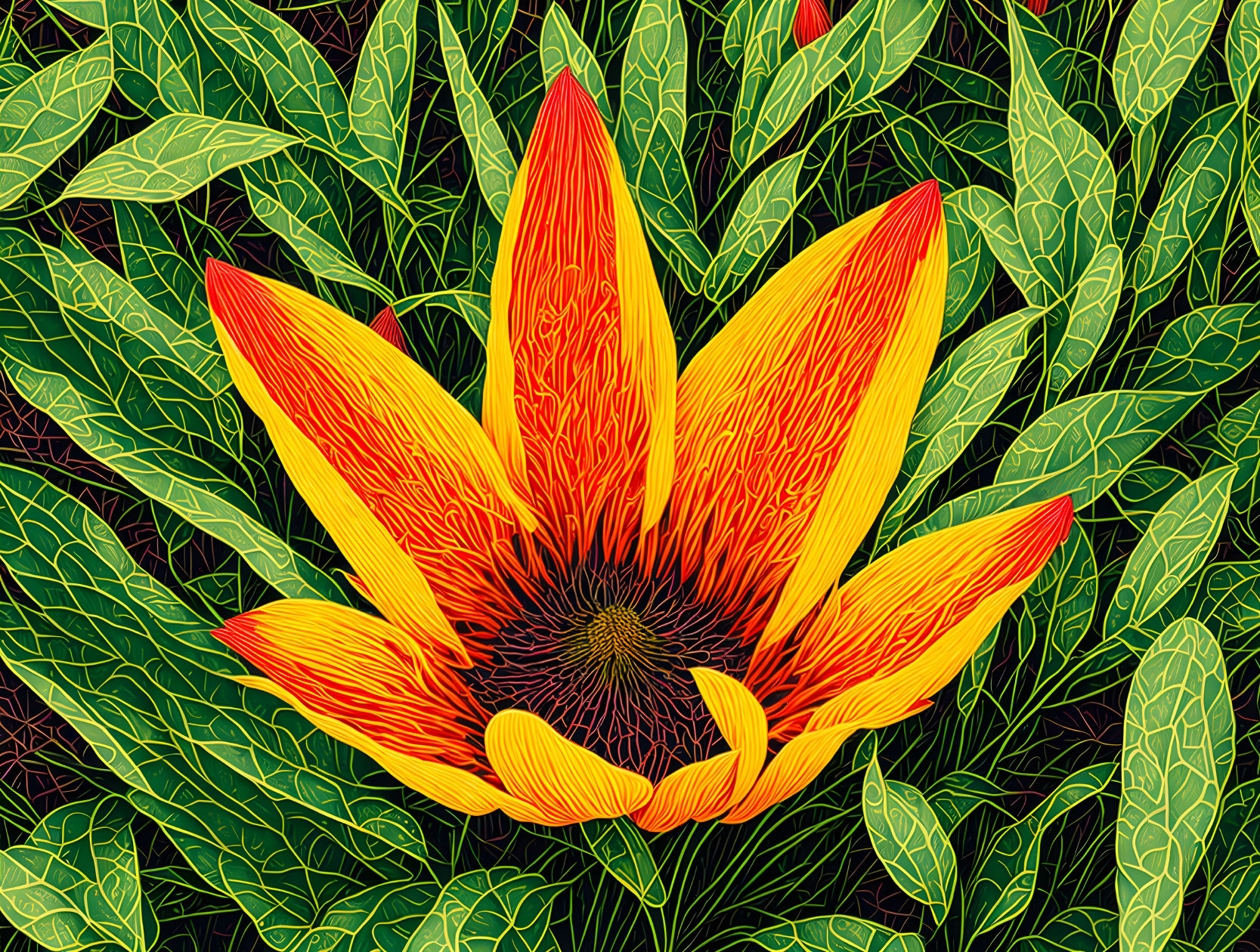 Colorful digital artwork: Orange and yellow flower with intricate leaf patterns