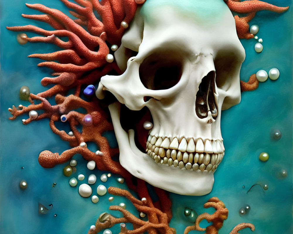 Human skull partially enveloped by red coral on turquoise background with pearls and bubbles