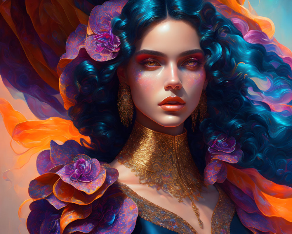 Vivid digital artwork: Woman with blue hair, flowers, golden choker on orange background