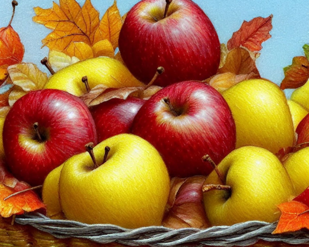 Basket of Red and Yellow Apples with Autumn Leaves