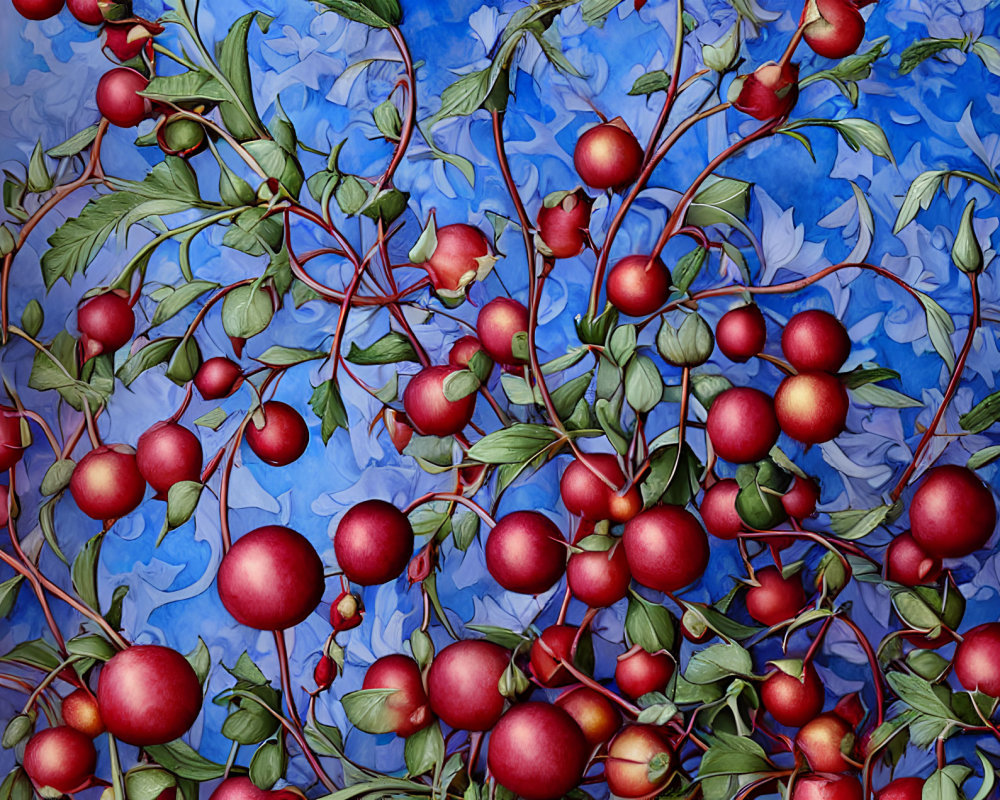 Colorful Illustration of Red Cherries on Blue Floral Background