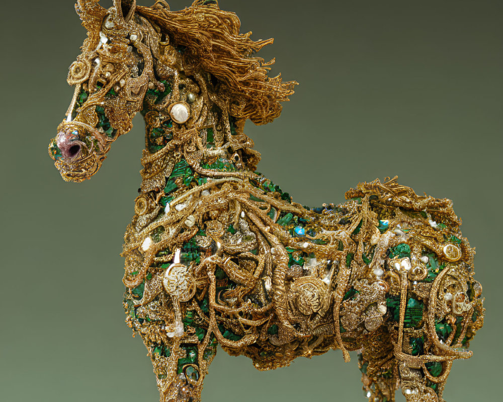 Intricate Horse Sculpture with Gold Filigree and Gem Accents
