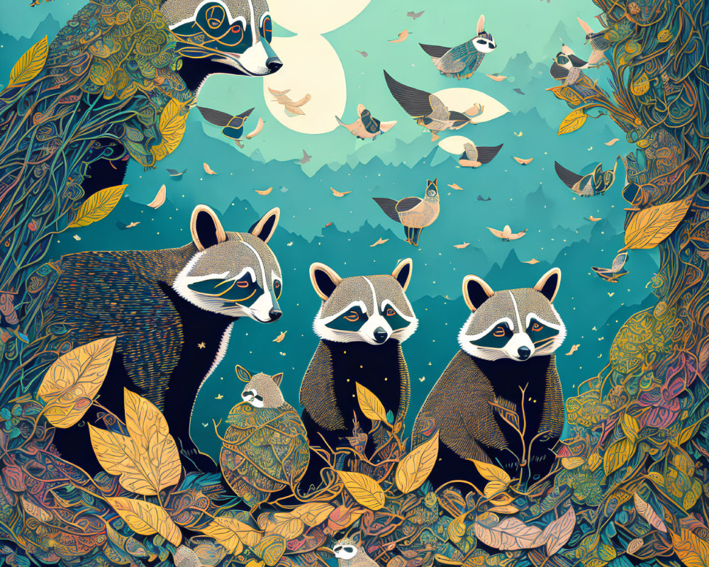 Five raccoons in vibrant forest with birds under moon