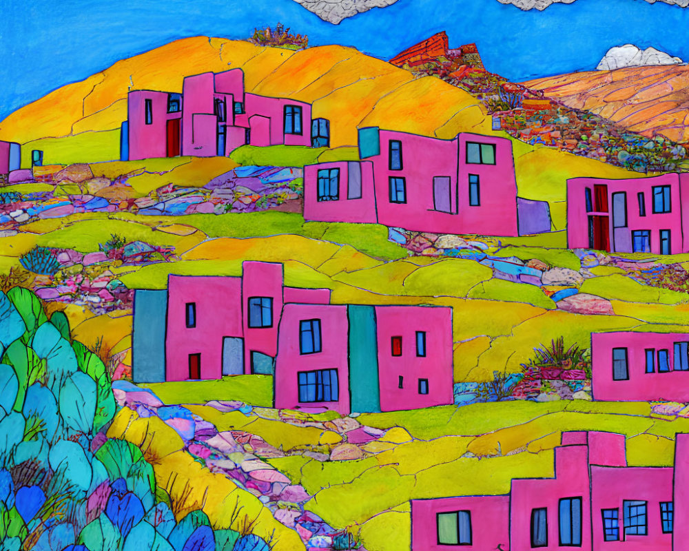 Colorful painting of whimsical pink houses on patchwork hills under blue sky