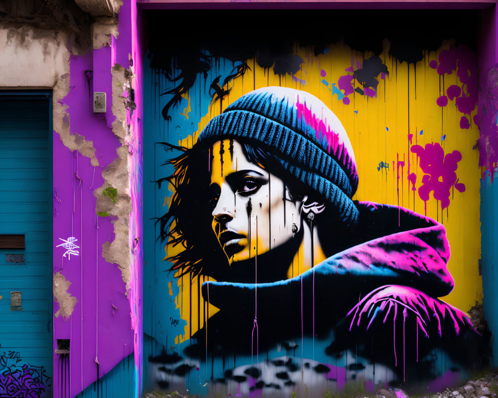 Colorful street art featuring person with beanie on urban building shutter