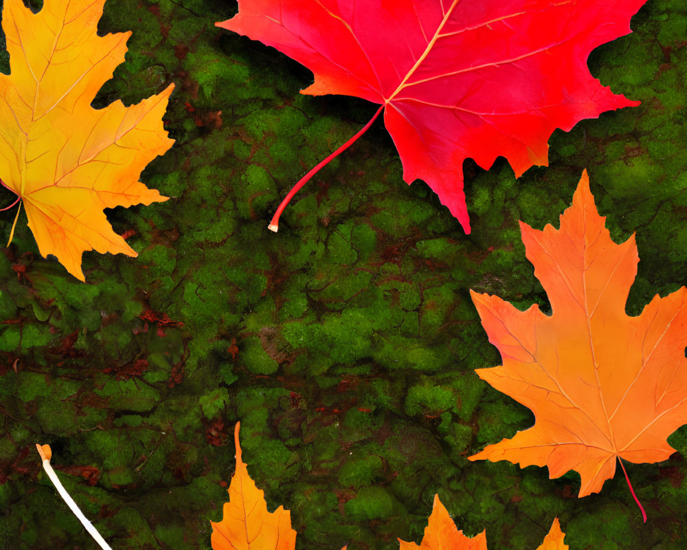 Colorful autumn leaves on mossy green background