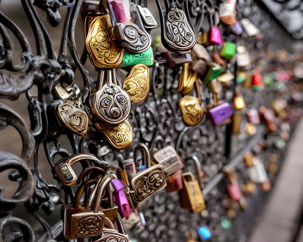 Assorted padlocks on bridge railing with ornate metalwork