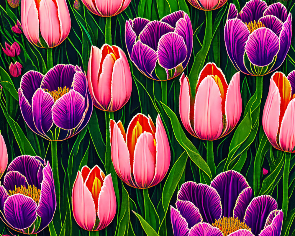 Colorful tulip field illustration with pink and purple flowers on dark background