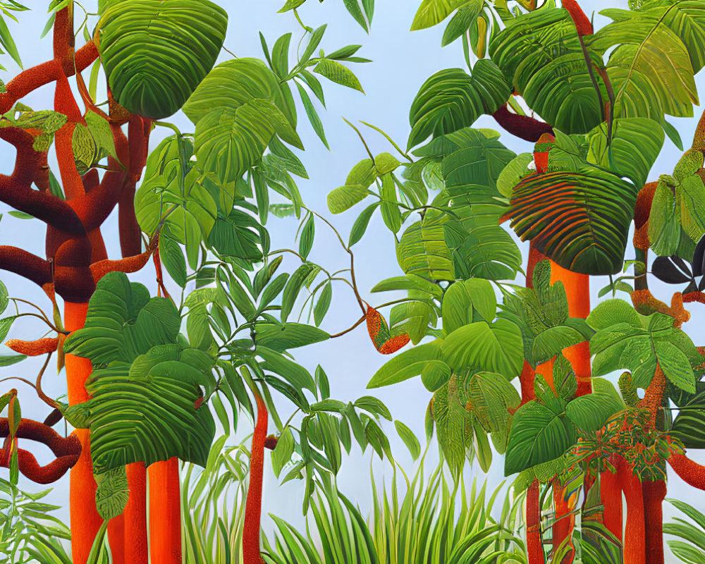 Colorful digital artwork: Red-trunked trees, green leaves, coiled snakes under pale sky