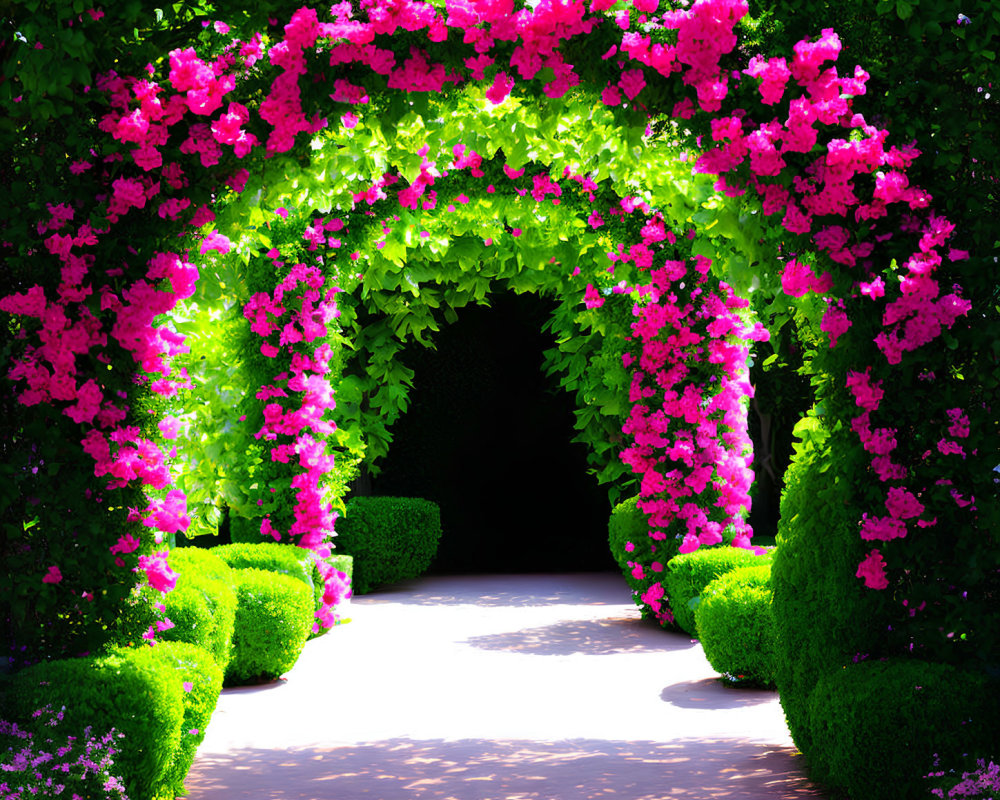 Vibrant pink flowers on lush garden pathway