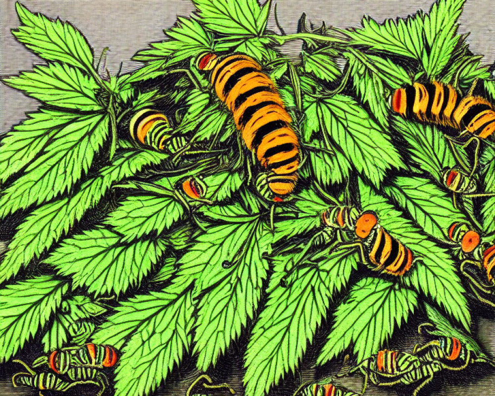 Striped insects on vibrant green leaves with red accents symbolize bustling activity.