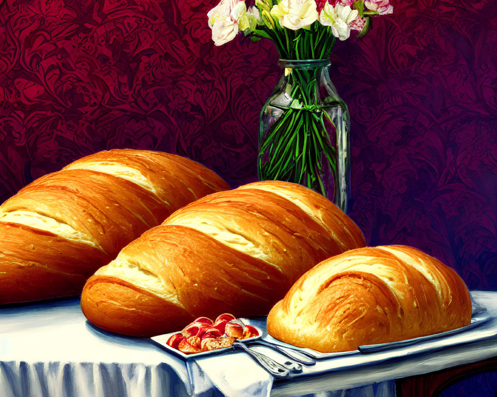 Vivid still life painting with bread, flowers, and strawberries