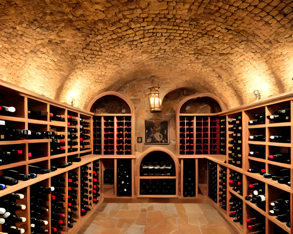 Spacious Wine Cellar with Stone Walls and Wooden Wine Racks